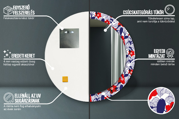 Kulaté zrcadlo rám s potiskem Filodendron a červené květy