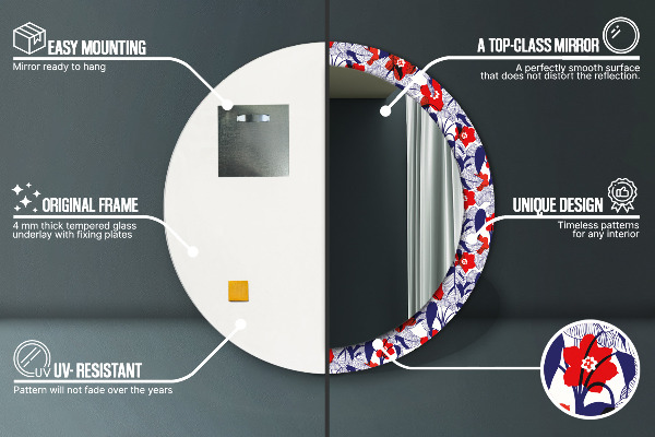 Kulaté zrcadlo rám s potiskem Filodendron a červené květy