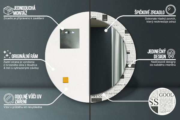 Kulaté dekorační zrcadlo na zeď Vzor z novin