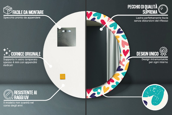 Kulaté dekorační zrcadlo Barevné srdce