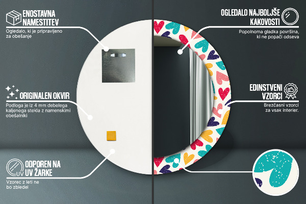 Kulaté dekorační zrcadlo Barevné srdce