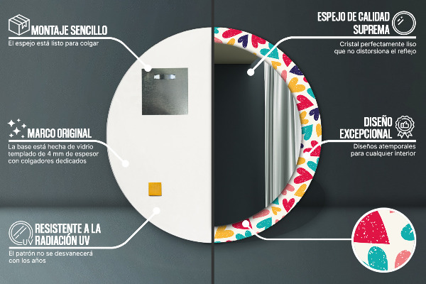 Kulaté dekorační zrcadlo Barevné srdce