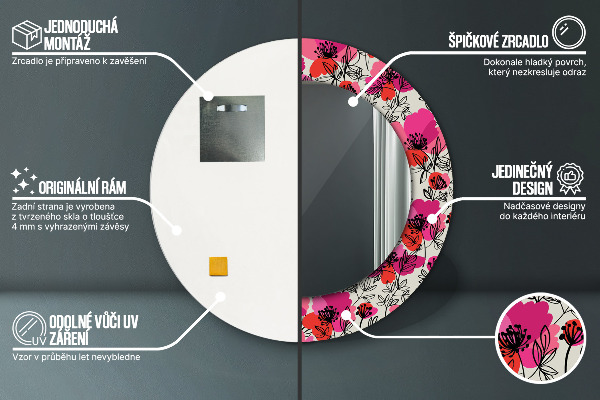 Kulaté zrcadlo rám s potiskem Růžové máky