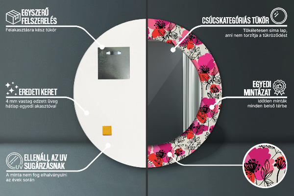 Kulaté zrcadlo rám s potiskem Růžové máky