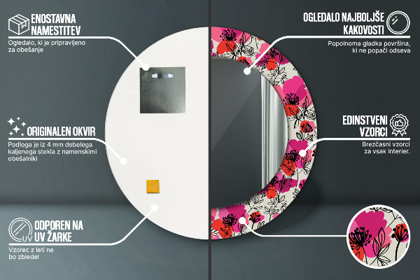 Kulaté zrcadlo rám s potiskem Růžové máky