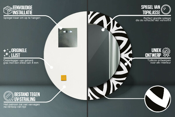 Kulaté zrcadlo rám s potiskem Černá geometrická ozdoba