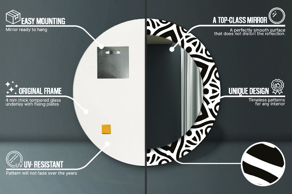 Kulaté zrcadlo rám s potiskem Černá geometrická ozdoba