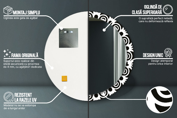 Kulaté zrcadlo rám s potiskem Černá geometrická ozdoba