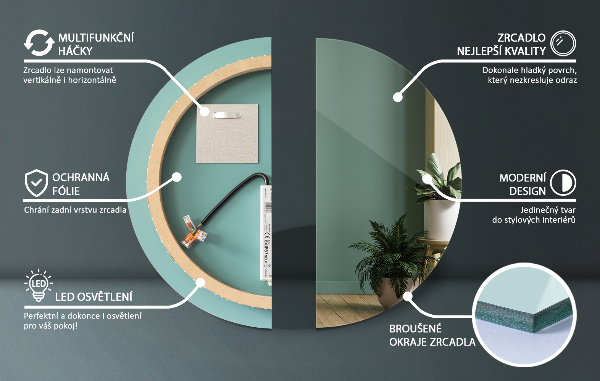 Kulaté designove zrcadlo do koupelny s led fi 70 cm