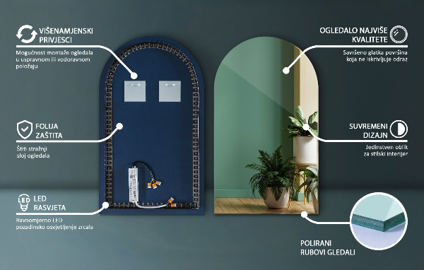 Obloukové zrcadlo s led podsvícením 40x70 cm
