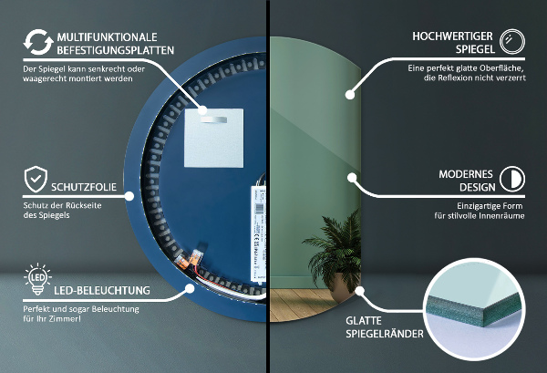 Kruhové zrcadlo ¾ led 84x100 cm