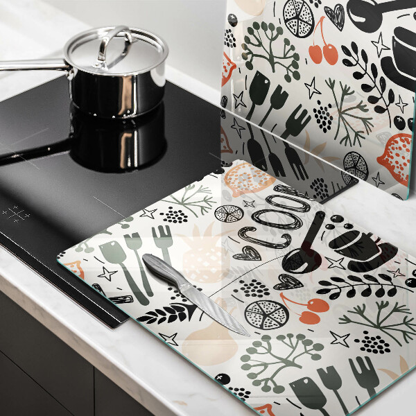 Skleněná deska za sporák Kreslený motiv kuchyně