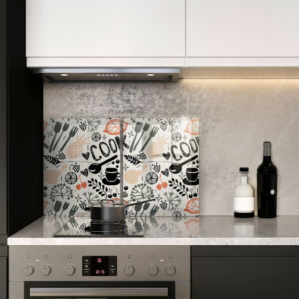 Skleněná deska za sporák Kreslený motiv kuchyně