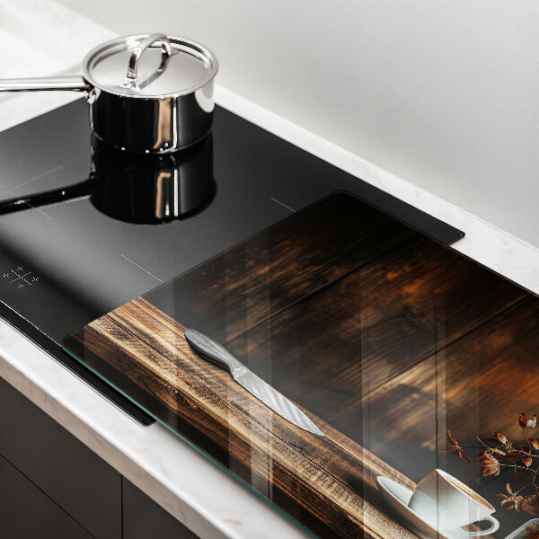 Skleněná deska za sporák Šálek kávy a dřevo