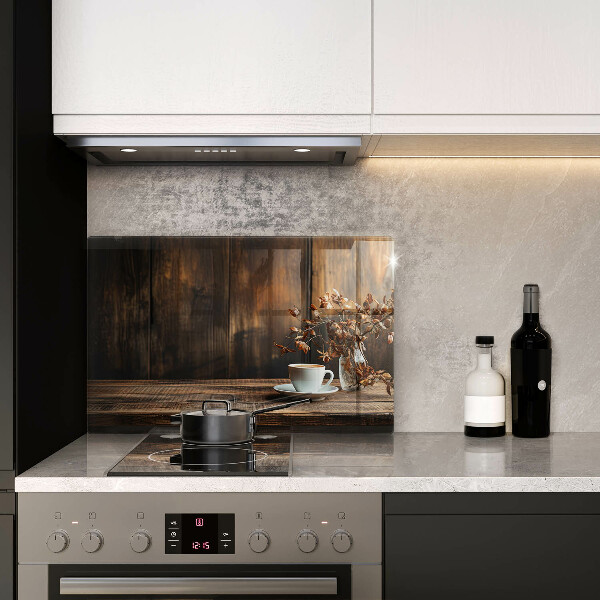 Skleněná deska za sporák Šálek kávy a dřevo