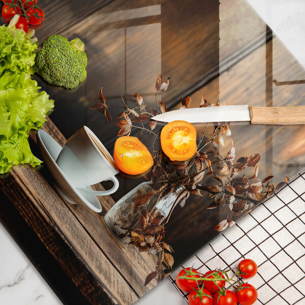 Skleněná deska za sporák Šálek kávy a dřevo