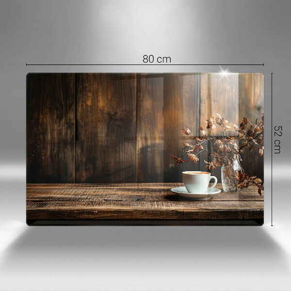 Skleněná deska za sporák Šálek kávy a dřevo