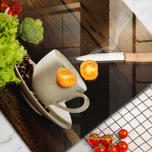 Skleněná deska za sporák Dřevěný hrnek na kávu