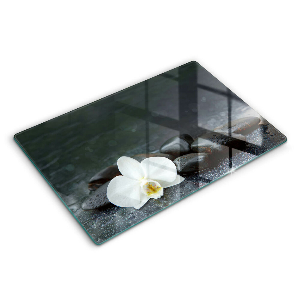 Skleněná deska za sporák Bílý květ Zen kameny