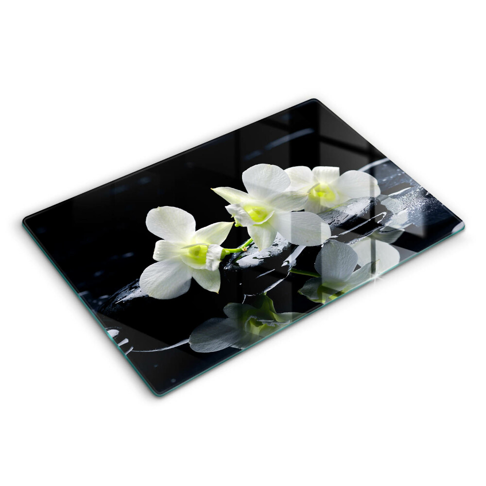 Skleněná deska za sporák Bílé květy v zenové vodě