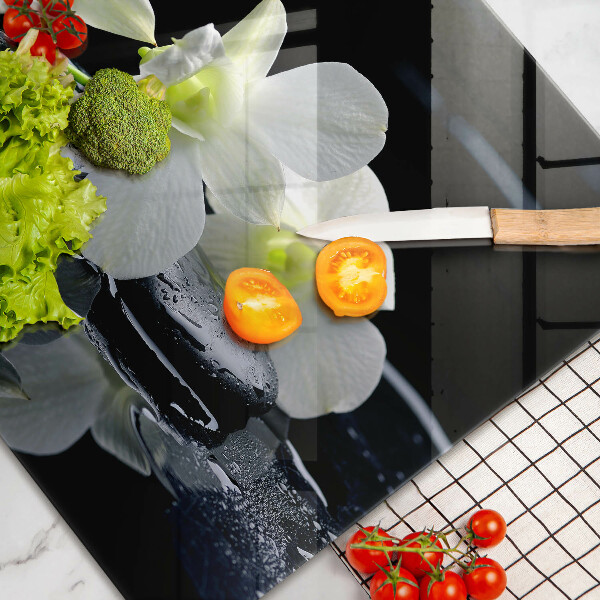 Skleněná deska za sporák Bílé květy v zenové vodě