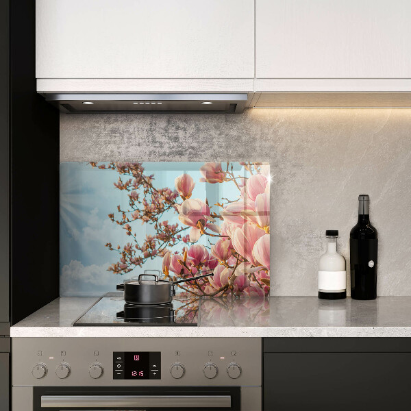 Skleněná deska za sporák Růžové květy strom