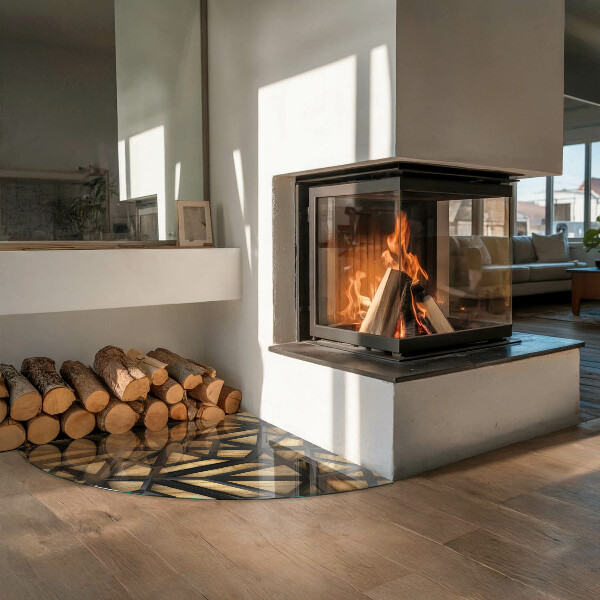 Sklo pod kamna Geometrie se dřevem