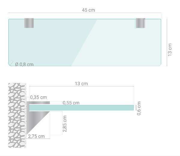 Skleněná police na zeď 45x13 cm