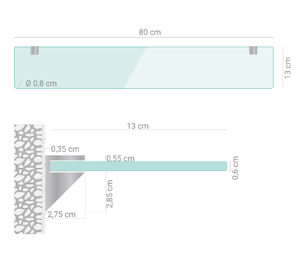 Skleněná police na zeď 80x13 cm