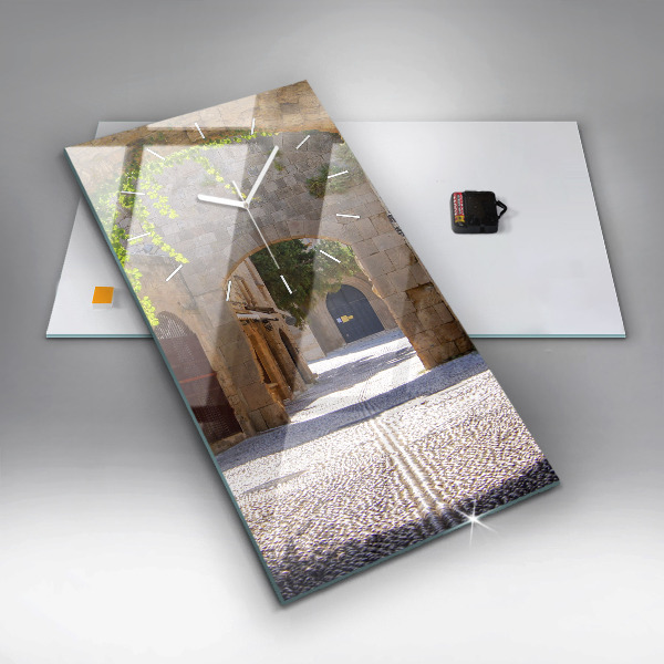 Vertikální skleněné hodiny Malebná ulice na Rhodosu