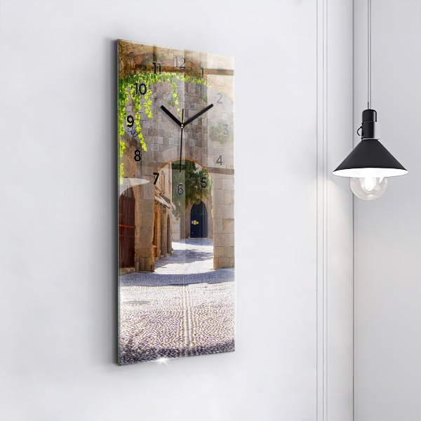 Vertikální skleněné hodiny Malebná ulice na Rhodosu