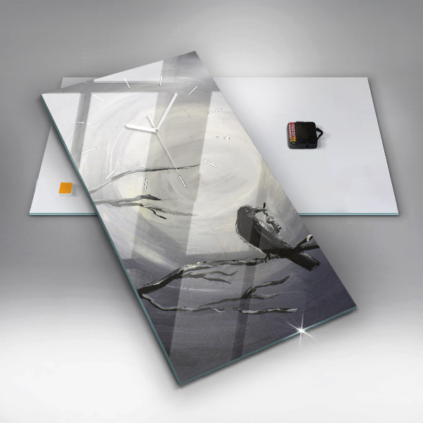 Vertikální skleněné hodiny Havran v měsíčním světle