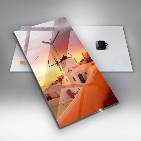 Vertikální skleněné hodiny Starý větrný mlýn na Santorini