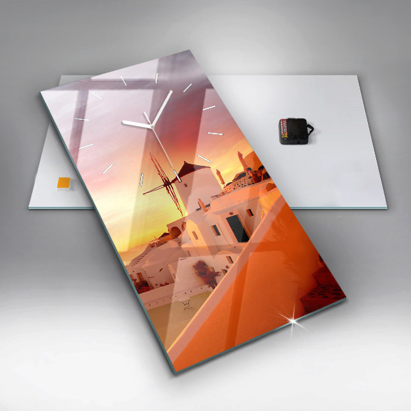 Vertikální skleněné hodiny Starý větrný mlýn na Santorini