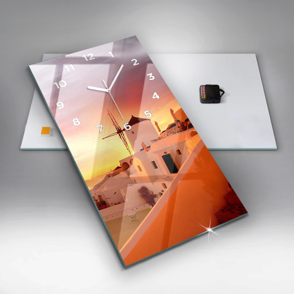 Vertikální skleněné hodiny Starý větrný mlýn na Santorini