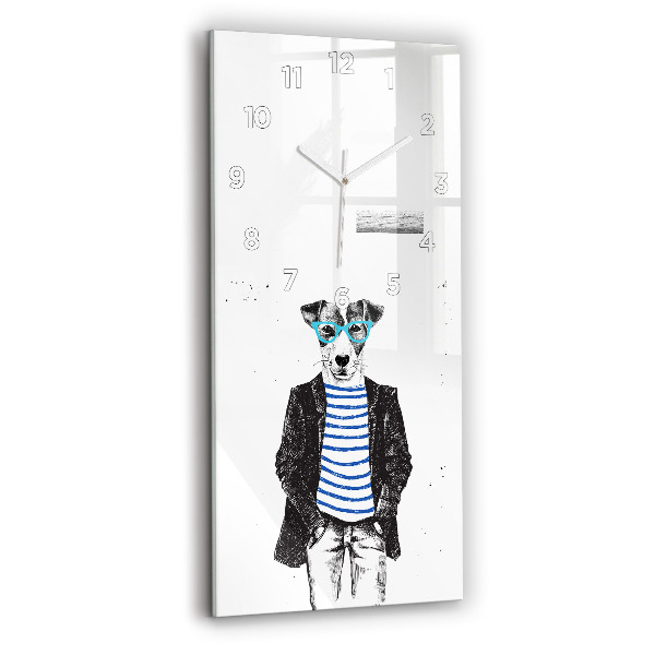 Vertikální skleněné hodiny Pes v lidském těle