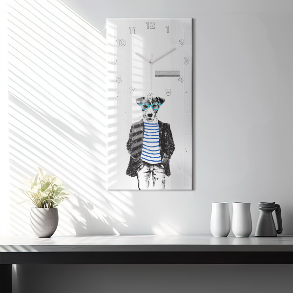 Vertikální skleněné hodiny Pes v lidském těle