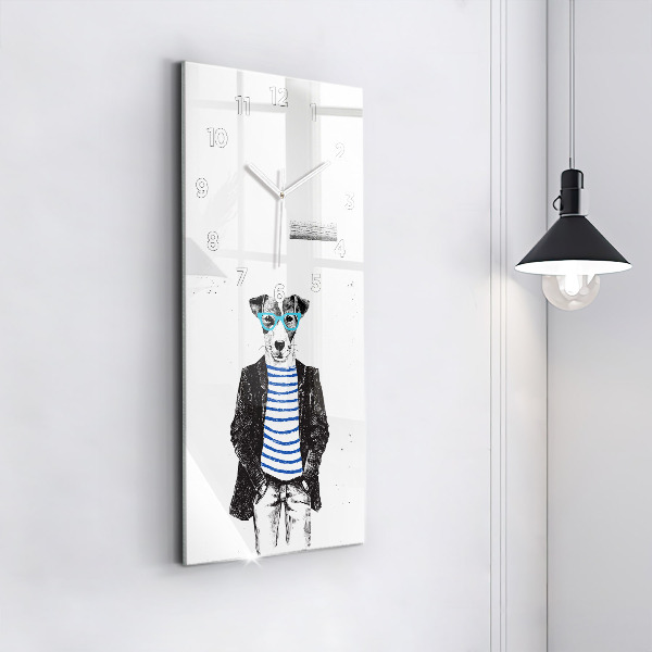 Vertikální skleněné hodiny Pes v lidském těle