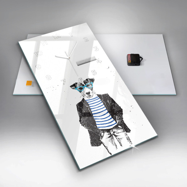 Vertikální skleněné hodiny Pes v lidském těle