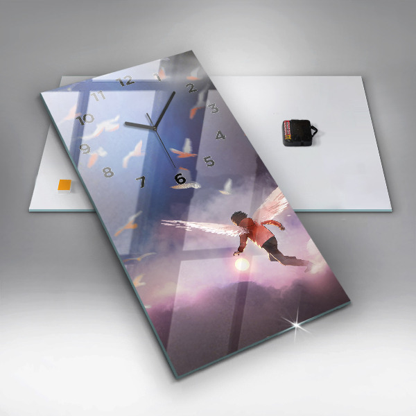 Vertikální skleněné hodiny Chlapec s křídly