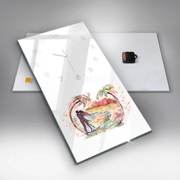 Vertikální skleněné hodiny Akvarel Láska na pláži v Miami