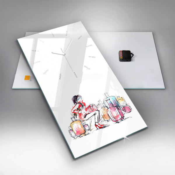 Vertikální skleněné hodiny Žena s kufry