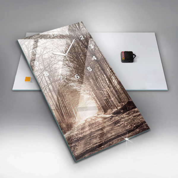 Vertikální skleněné hodiny Lesní cesta v sépiové barvě