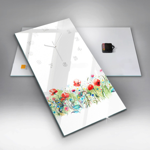 Vertikální skleněné hodiny Květiny na louce