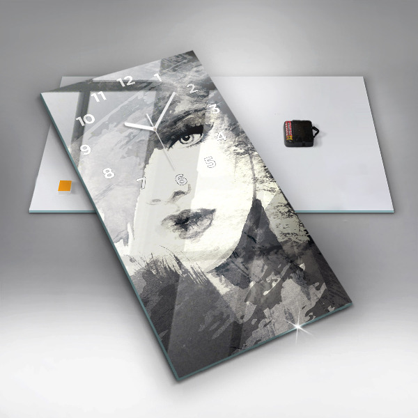 Vertikální skleněné hodiny Žena - akvarel