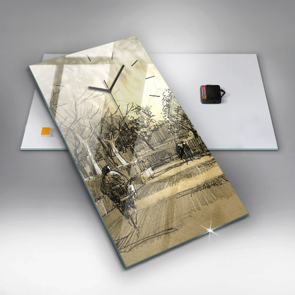 Vertikální skleněné hodiny Park a stromy v sépiové barvě