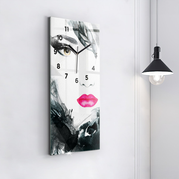 Vertikální skleněné hodiny Portrét ženy s červenými rty