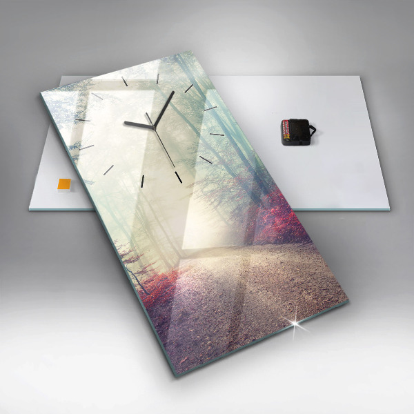 Vertikální skleněné hodiny Podzimní cesta Mlžný les