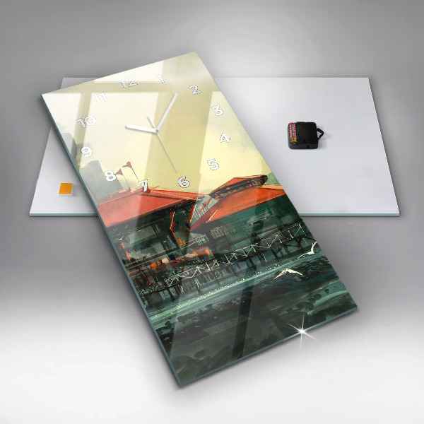 Vertikální skleněné hodiny Rybářská vesnice