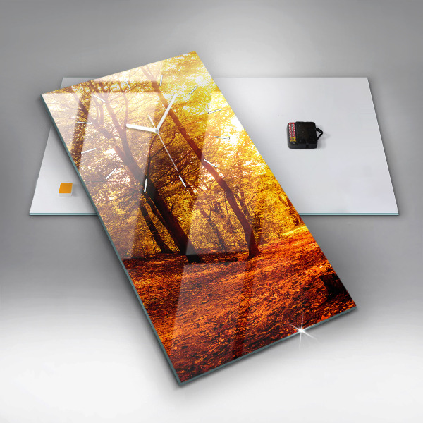 Vertikální skleněné hodiny Lesní krajina na slunci